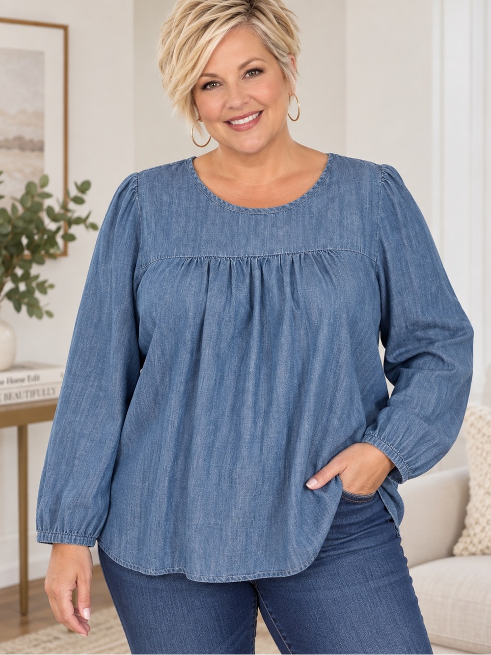 J.Crew XL Chambray Denim Blouse Long Sleeve Gathered Babydoll Top Blue